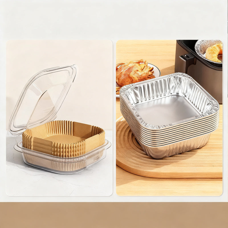 Baking paper and aluminum trays for hot air fryers