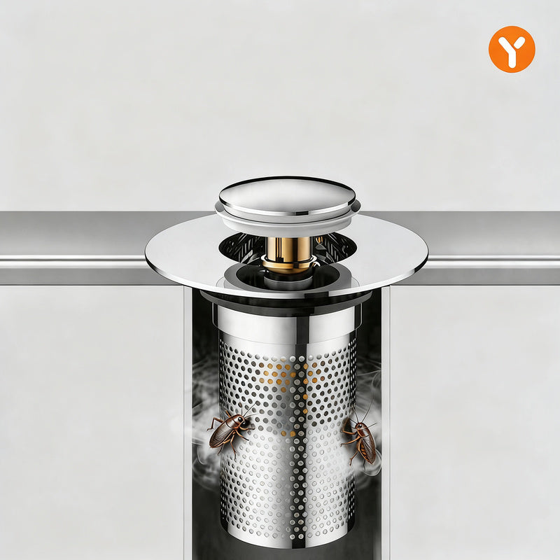 Push-button drain valve for sink, copper-plastic