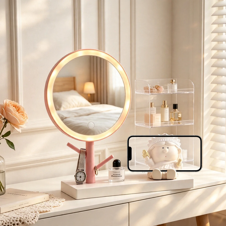 LED cosmetic mirror with phone holder