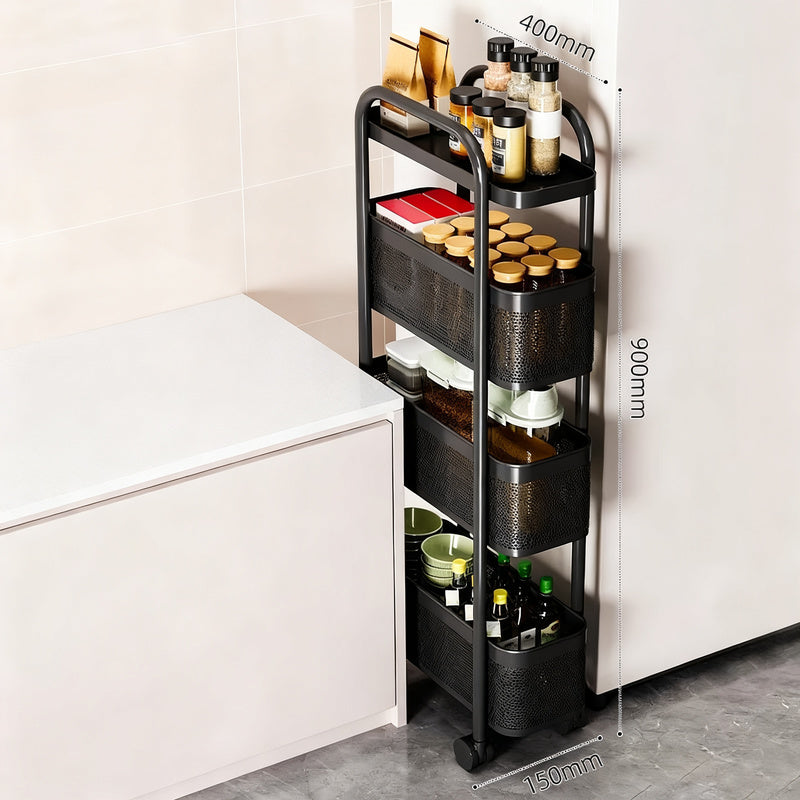 Narrow shelf made of carbon steel, 4 levels, movable