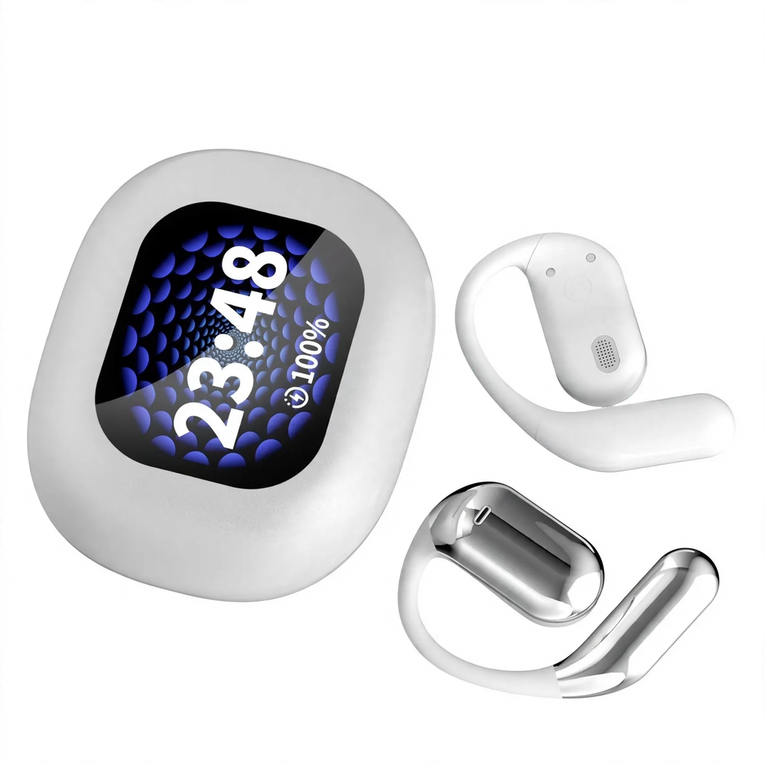 Open wireless earbuds with color touchscreen