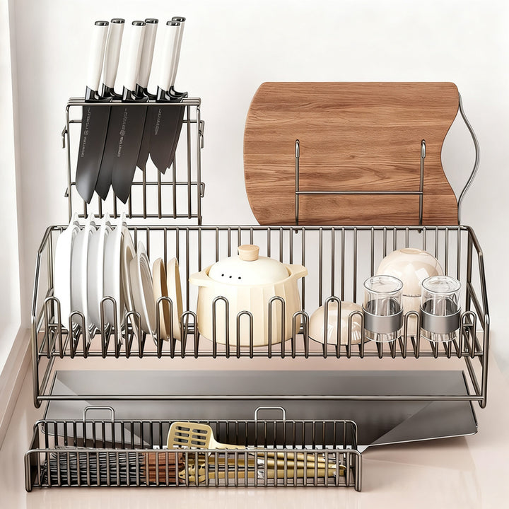 Dish rack with drip tray, expandable, steel frame