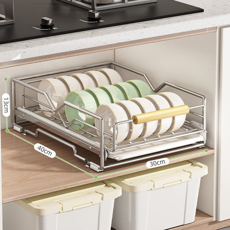 Expandable dish rack made of stainless steel for cabinets