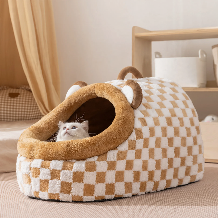 Half-open cat bed with carrying handle, warming
