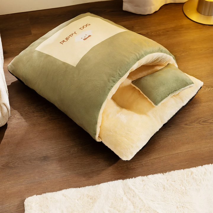 Half-closed pet bed with pillow, polyester
