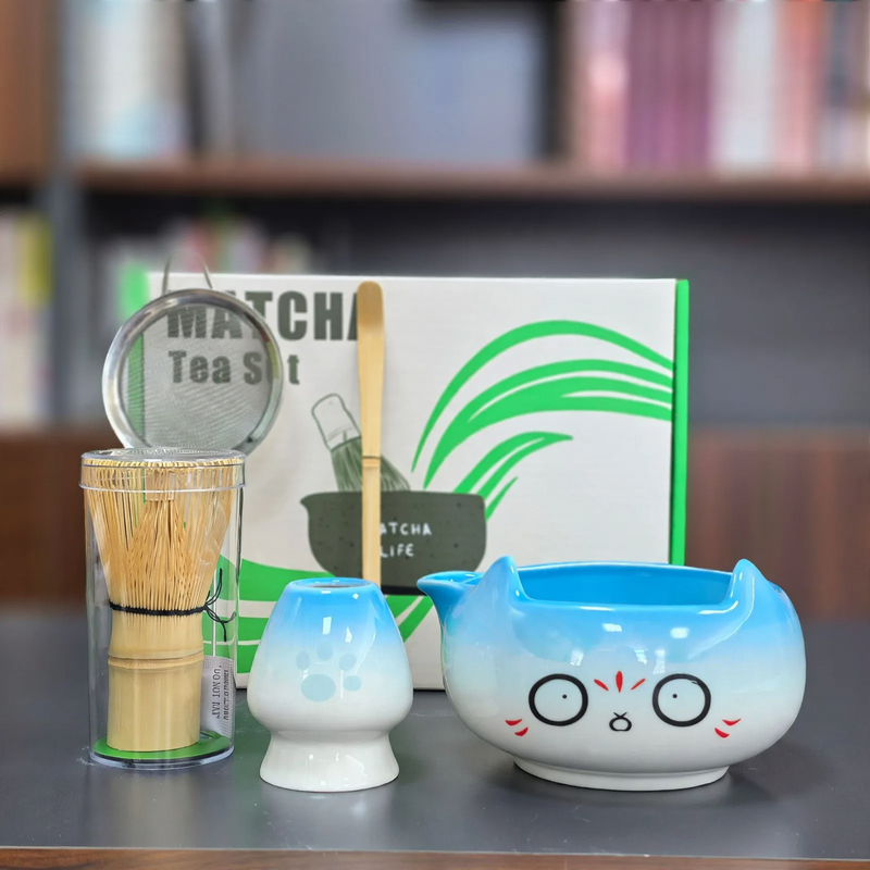 Matcha Bowl Set, Ceramic, Cat Design, Japanese