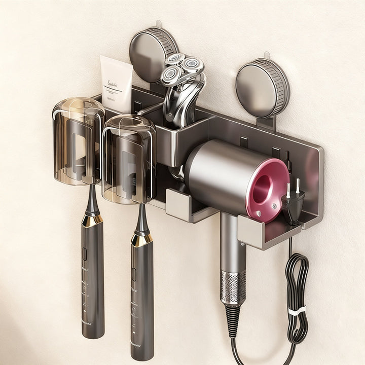 Suction cup toothbrush and hair dryer holder, wall-mounted