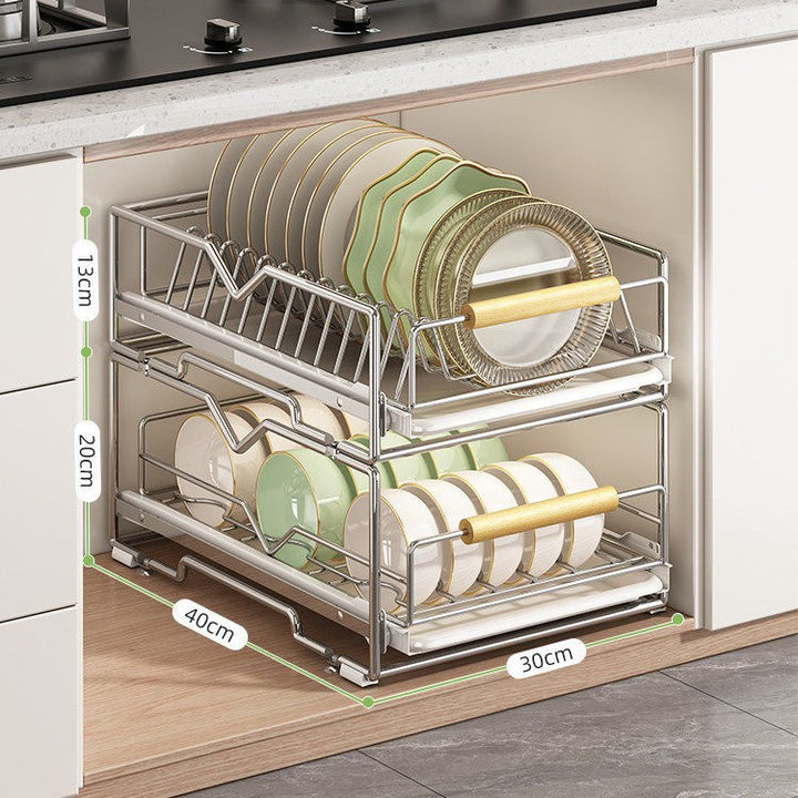 Expandable dish rack made of stainless steel for cabinets