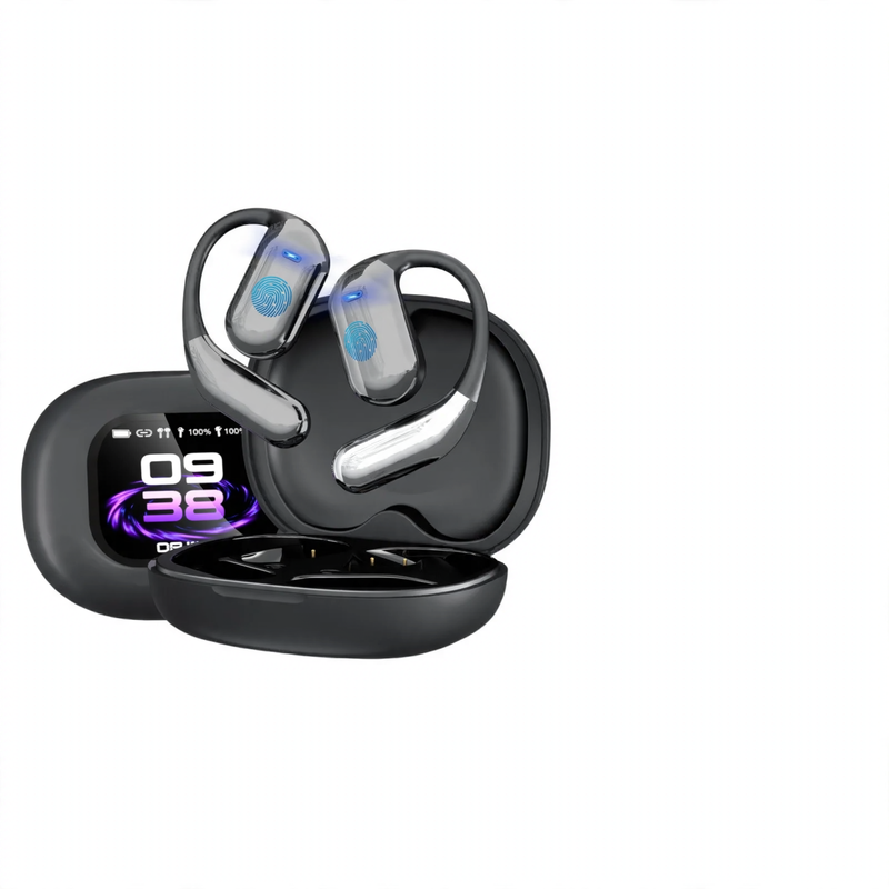 Bluetooth earbuds, open, color touchscreen