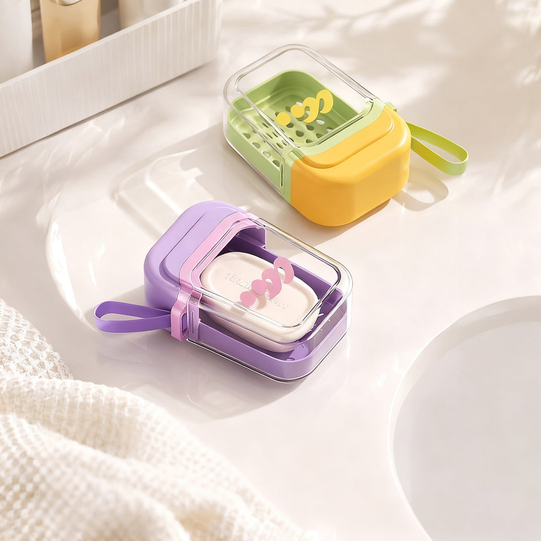 Portable soap dish with lid and drain