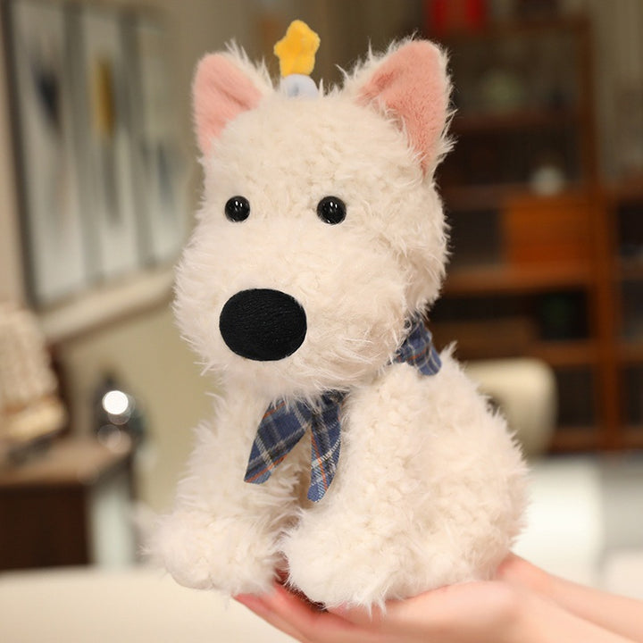 Plush dog doll with scarf, various sizes