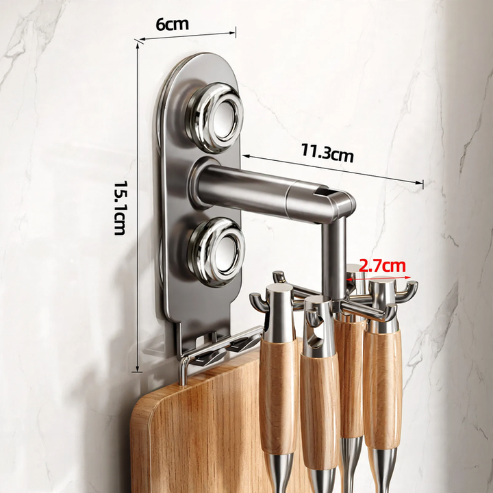 Rotating kitchen organizer, wall-mounted, 6 hooks, stainless steel