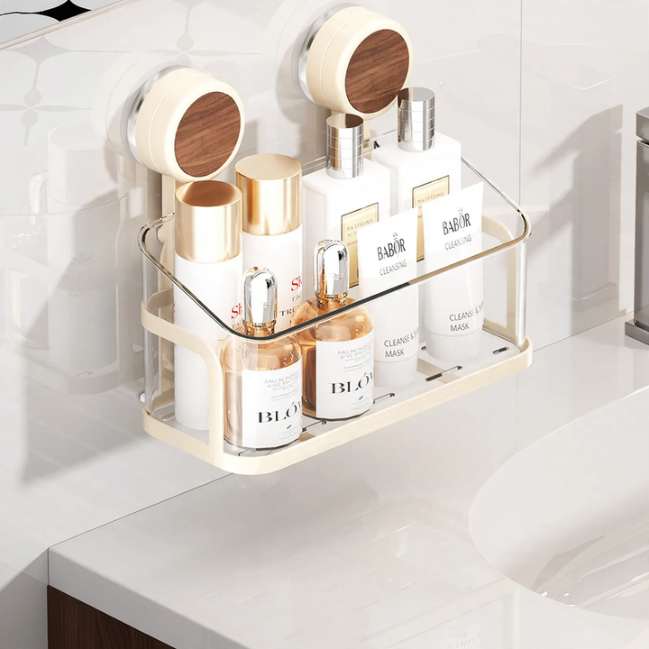 Wall-mounted cosmetic shelf with suction cup, model YM.7052