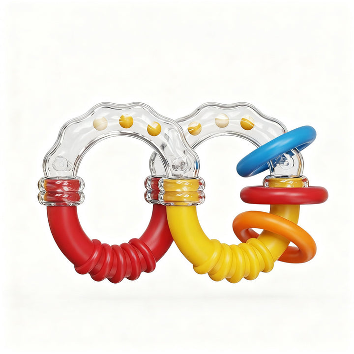 Baby rattle and teething ring, 0–3 years