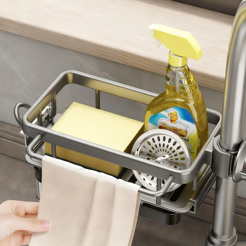Aluminum sink organizer with drain tray
