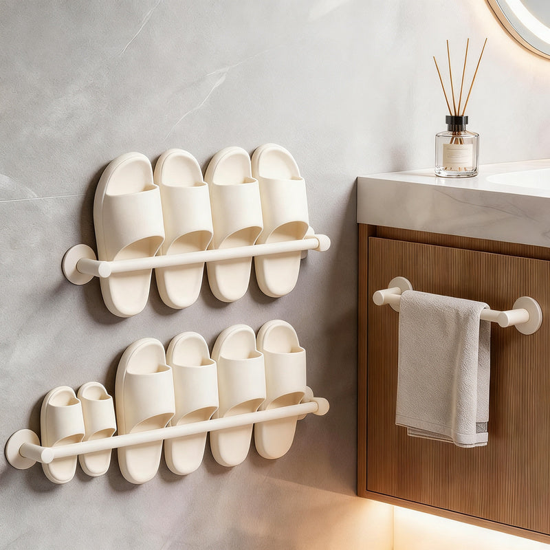Wall-mounted bathroom slipper rack without drilling