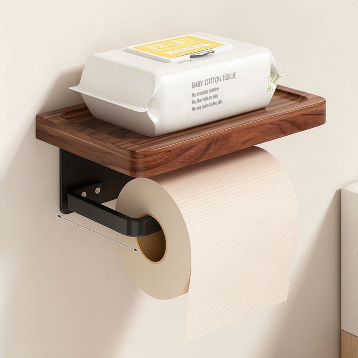 Wall mount for toilet paper, walnut wood design