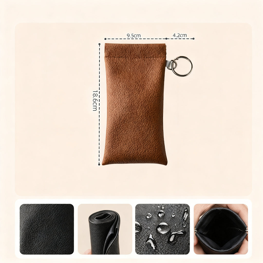 Leather glasses case with cleaning cloth and hangtag