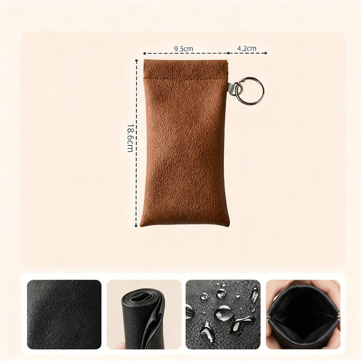Leather glasses case with cleaning cloth and hangtag