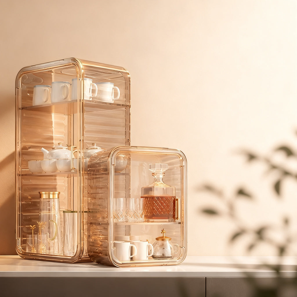 Plastic glass cabinet with doors, 2–4 tiers