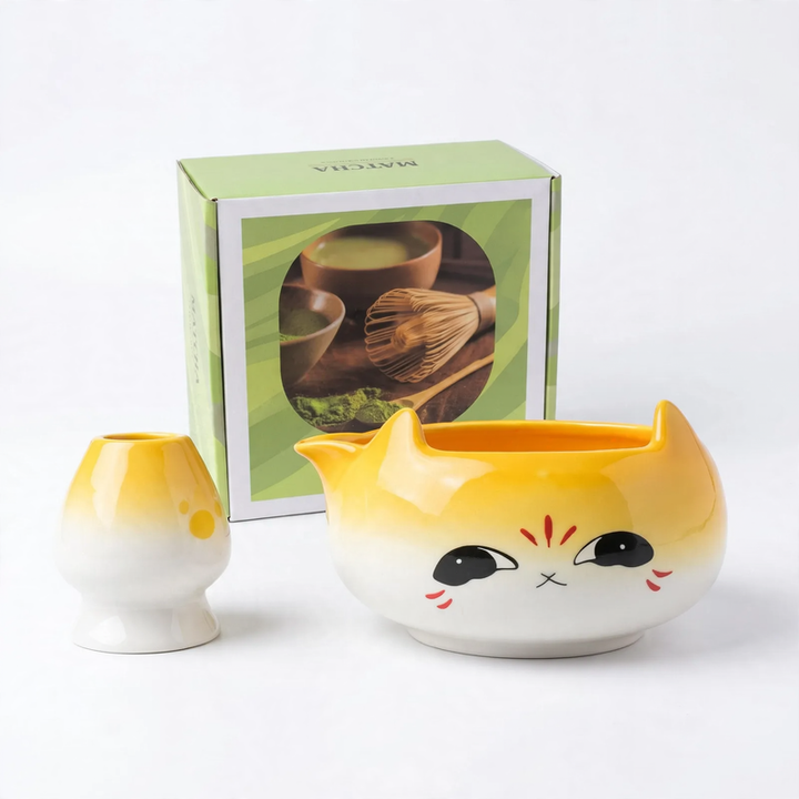 Matcha Bowl Set, Ceramic, Cat Design, Japanese