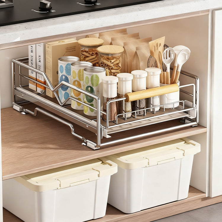 Expandable dish rack made of stainless steel for cabinets