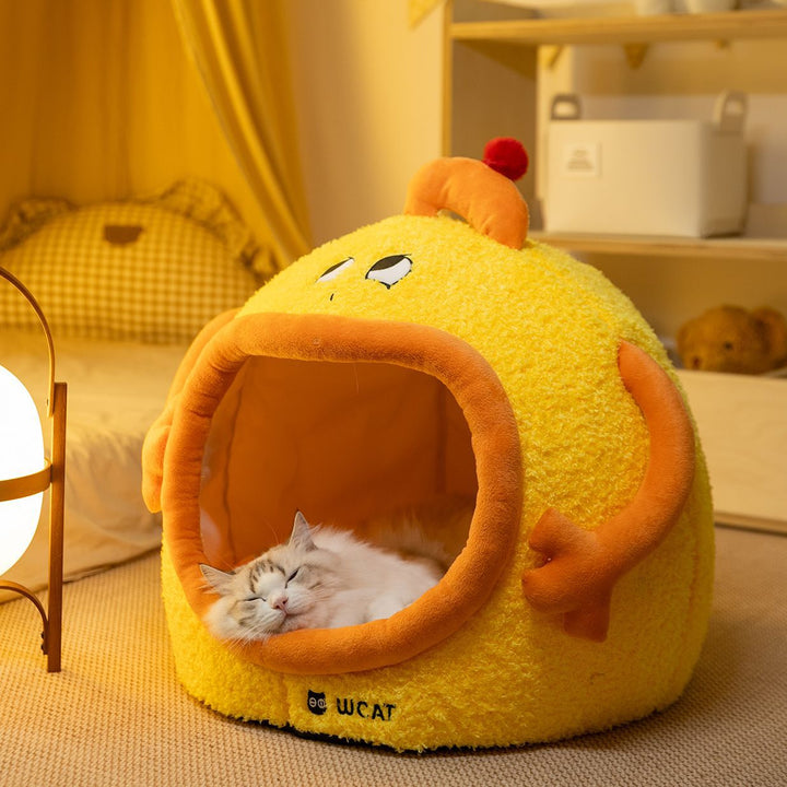 Half-open pet bed with roof shape, fabric