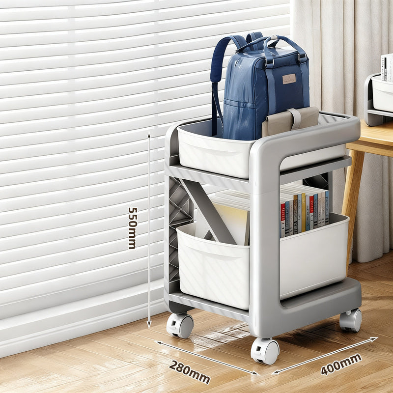 Multi-tier bookshelf with wheels and schoolbag compartment