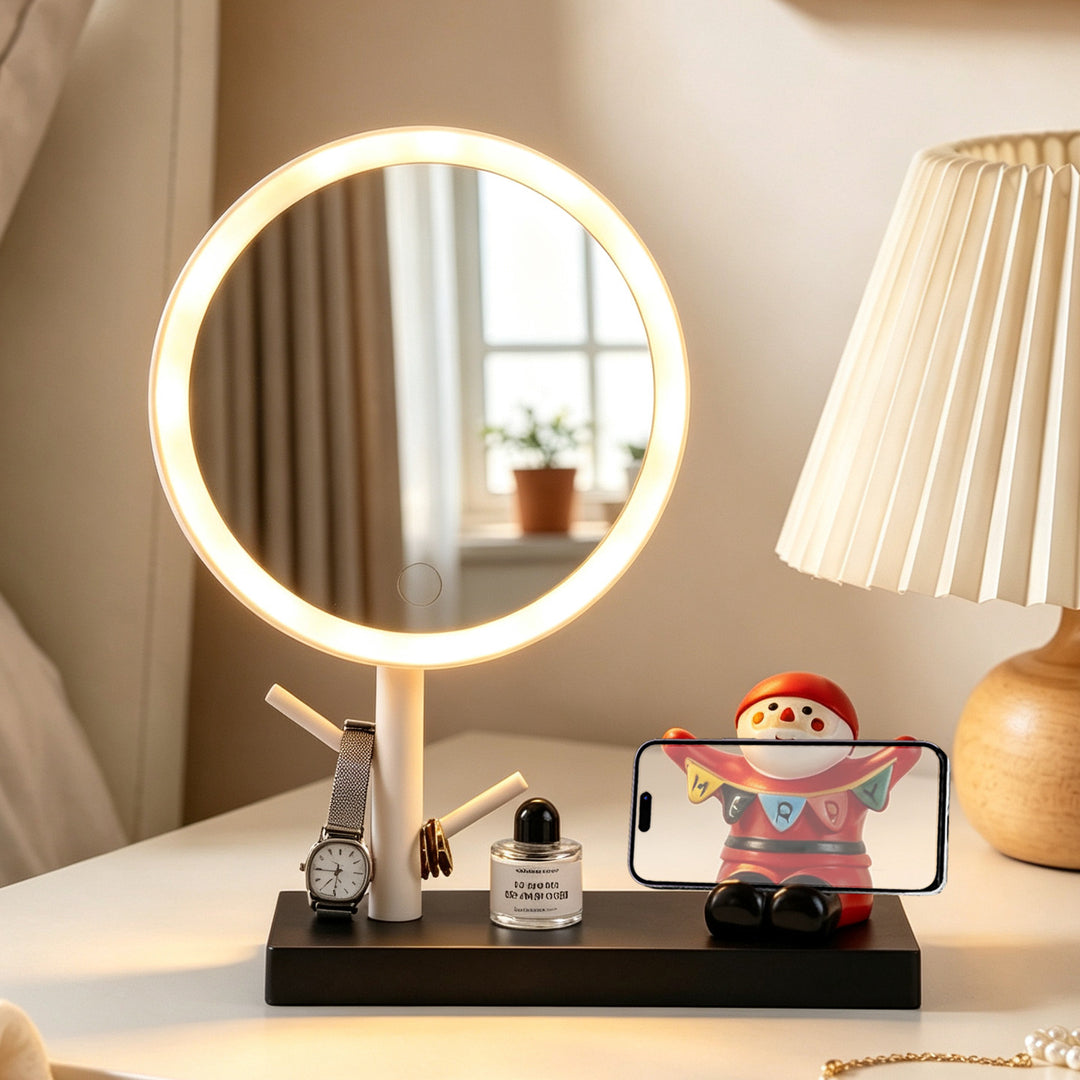 LED makeup mirror with smartphone holder