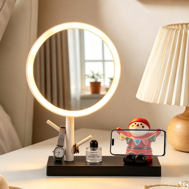 LED makeup mirror with smartphone holder