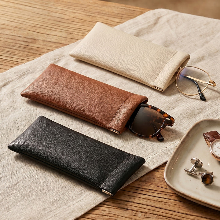 Leather glasses case with cleaning cloth and hangtag