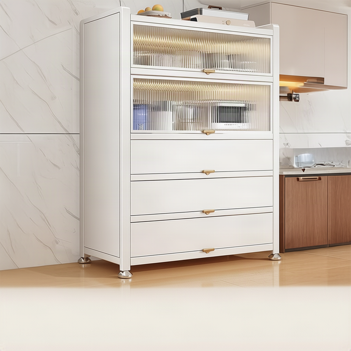 Kitchen stand shelf with glass doors, multi-tiered