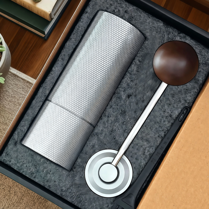 Hand coffee grinder with CNC grinding mechanism and brush