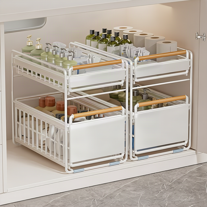 Extendable under-sink shelf for the bathroom