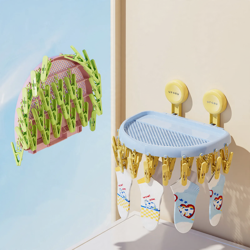 Foldable drying rack with suction cup, 24 clips