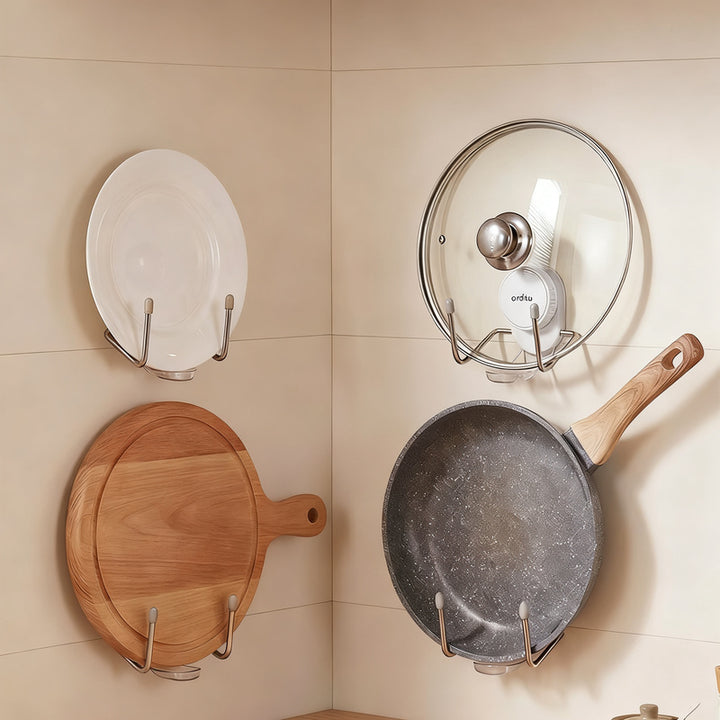 Wall-mounted pot lid and cutting board holder with suction cup