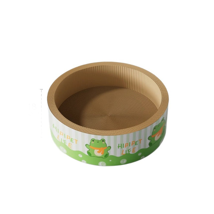 Cat scratching board made of corrugated cardboard with resting bowl