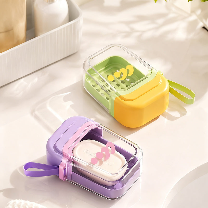 Portable soap dish with lid and drain