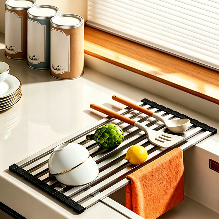 Stainless steel sink rack with rolling grid