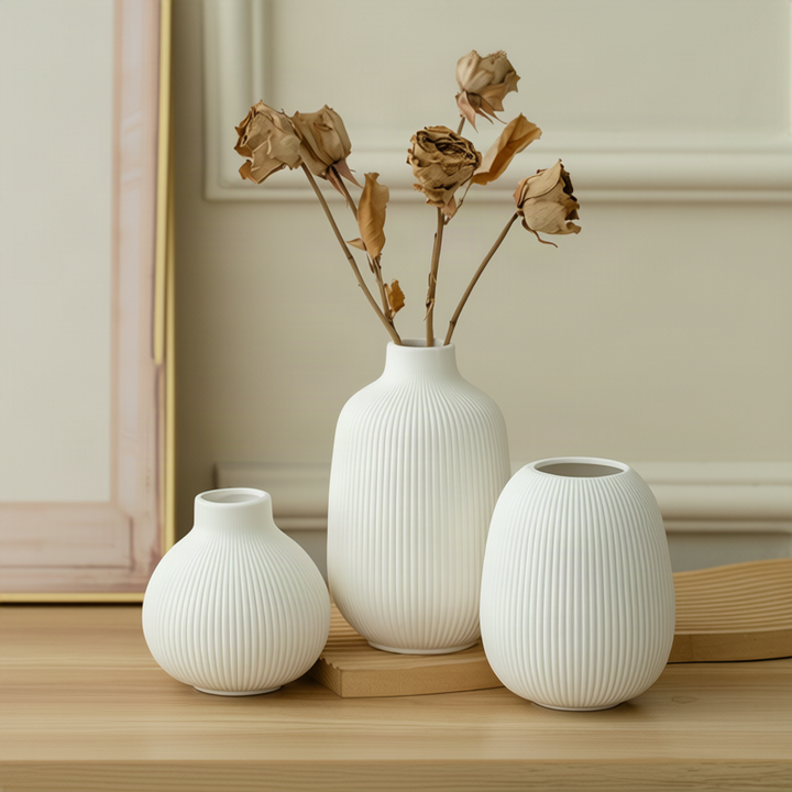 Ceramic flower vase, country house style, woven texture