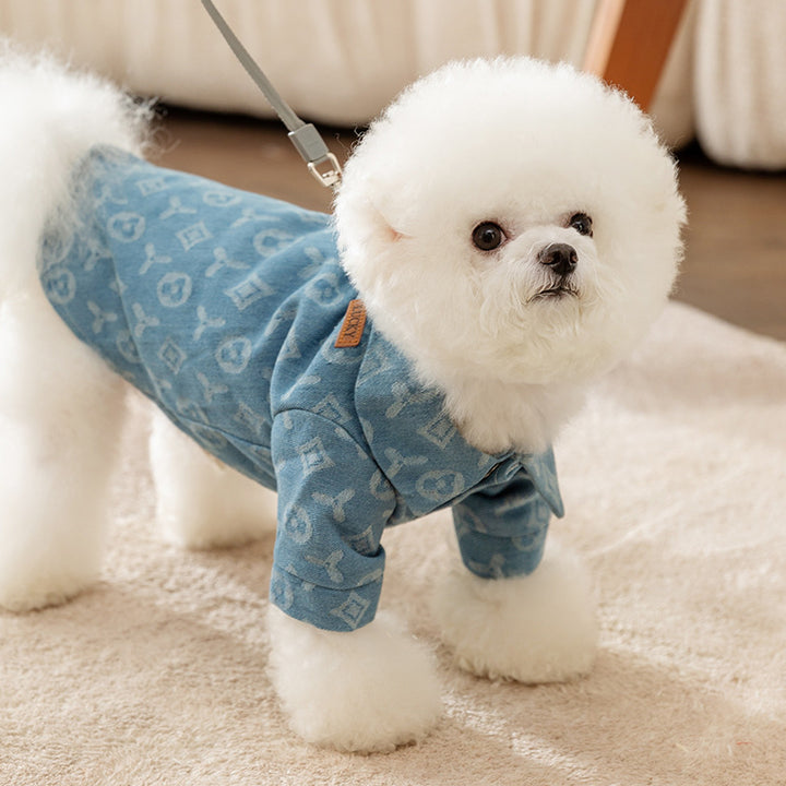 Denim-Dog jacket with leash ring for two front paws