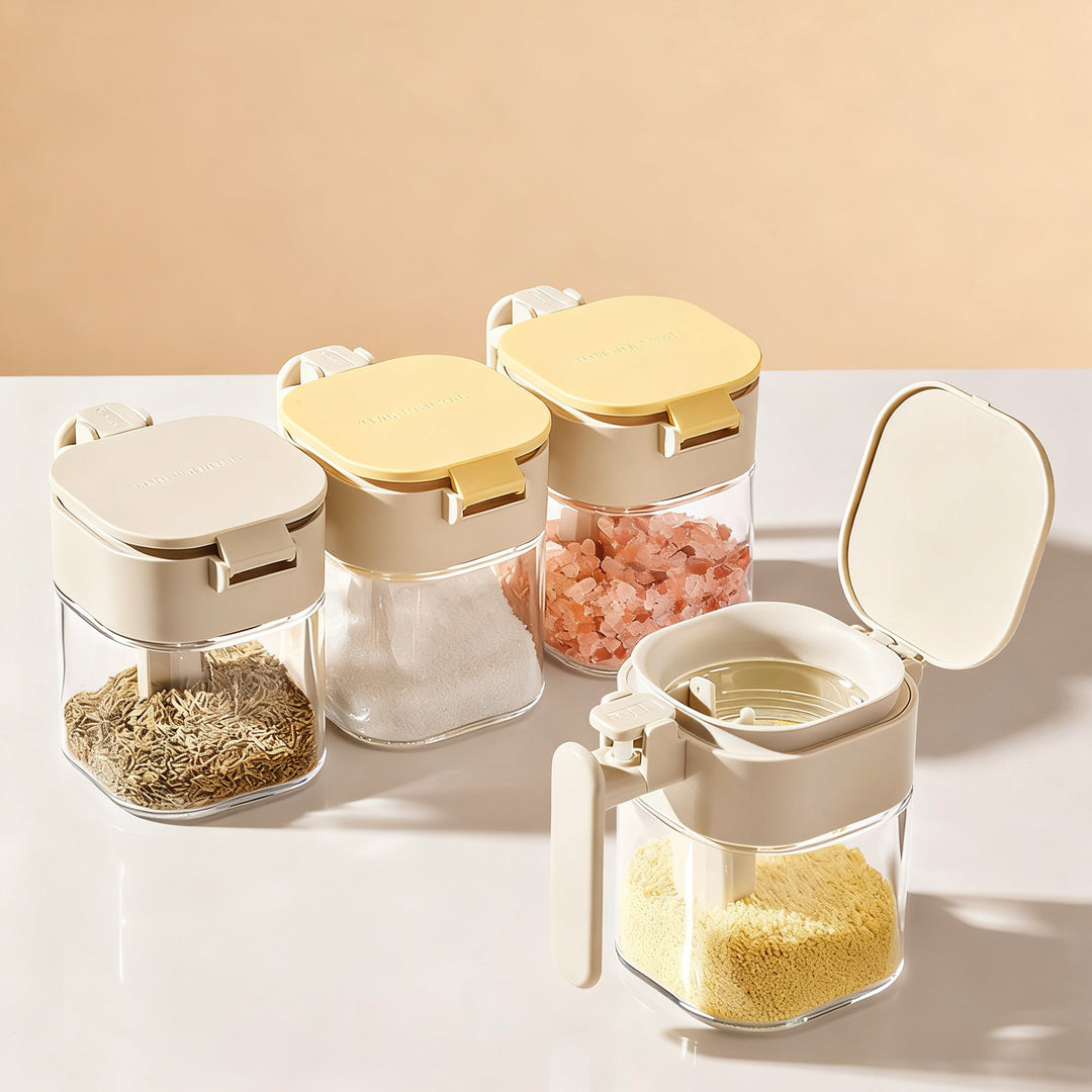 Spice jar with spoon, glass, airtight