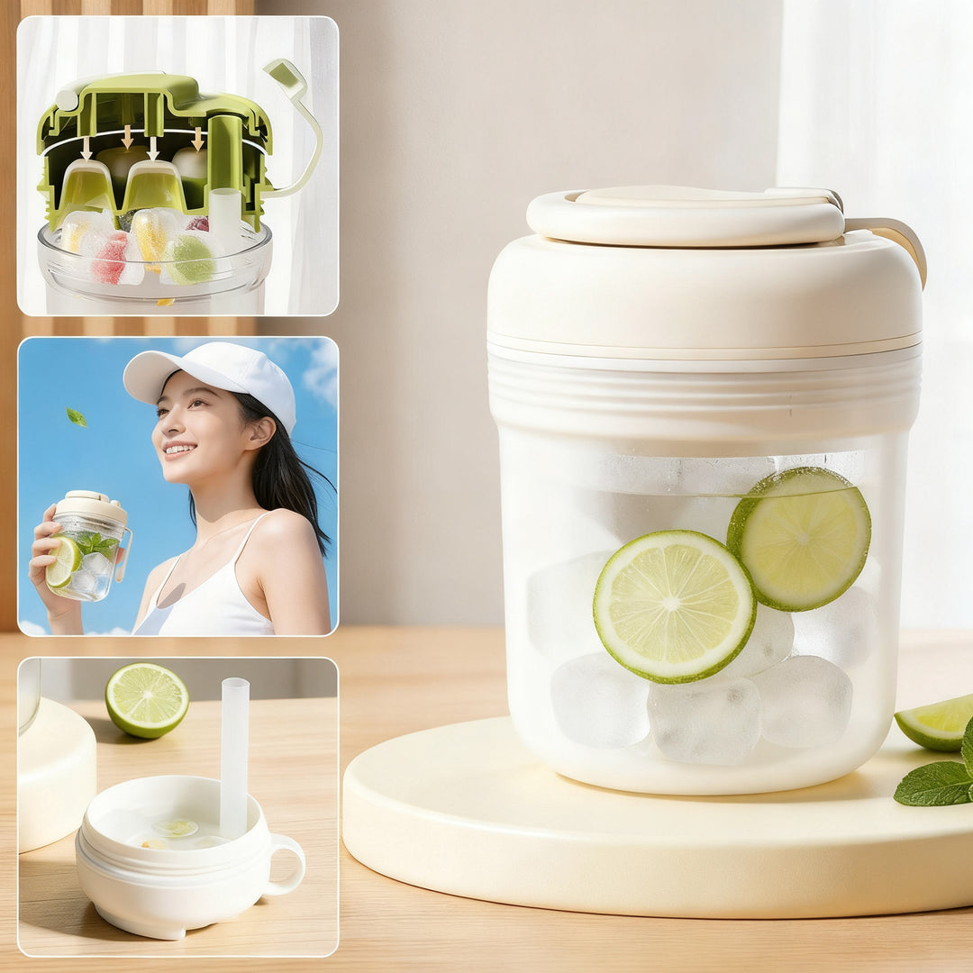 3-in-1 ice cube drinking cup with integrated ice compartment