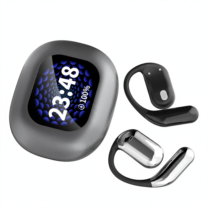 Open wireless earbuds with color touchscreen