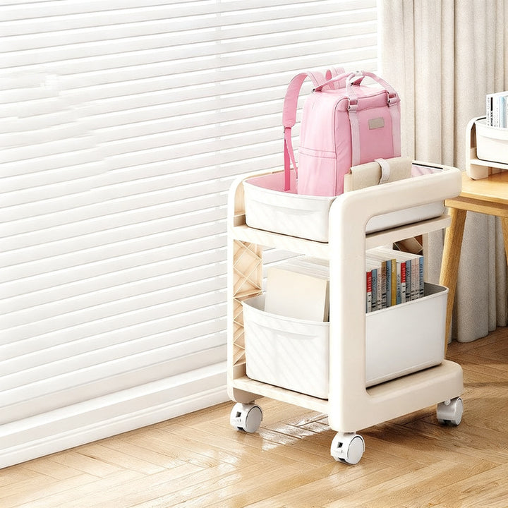 Multi-tier bookshelf with wheels and schoolbag compartment