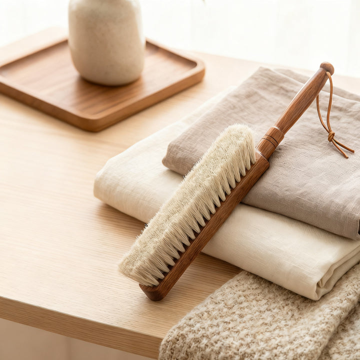 Bed brush with horsehair and long handle