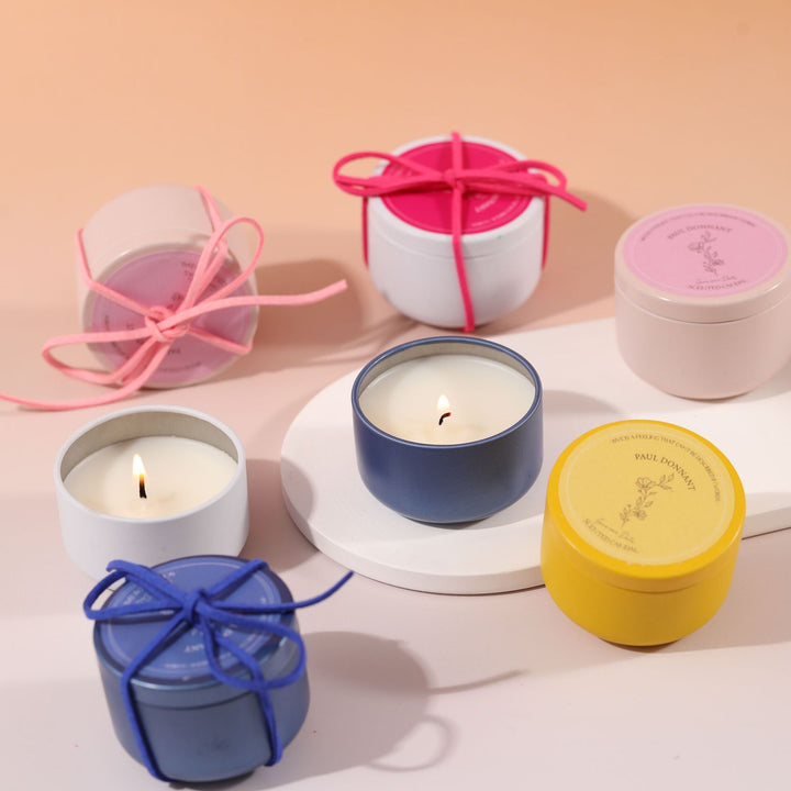 Scented candle in pastel colors, soy wax blend