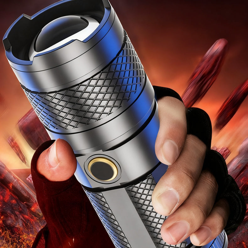 LED flashlight with zoom and USB-C charging
