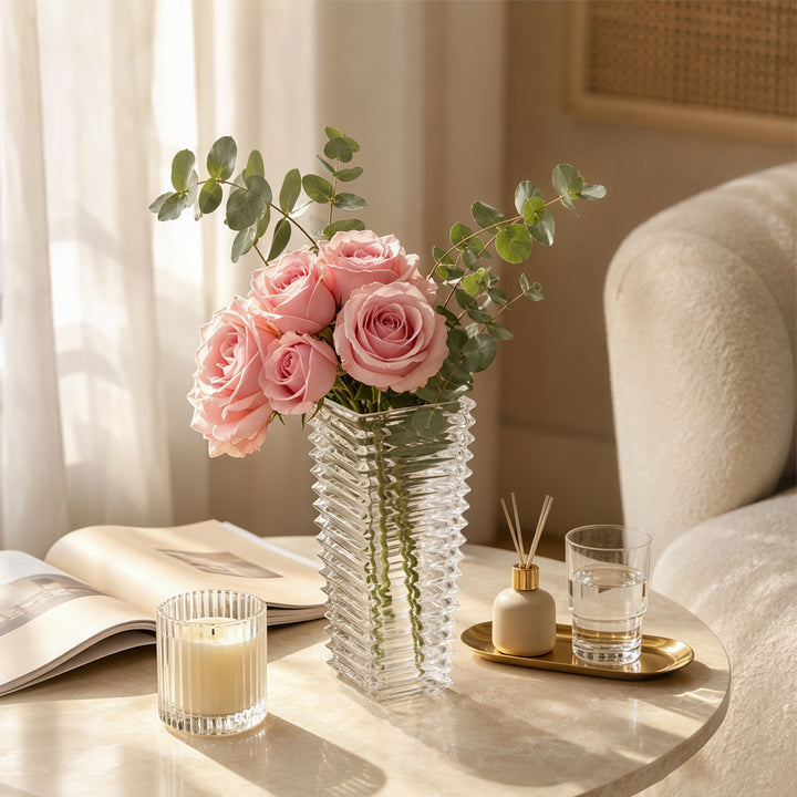 Transparent glass vase with wave pattern, rectangular