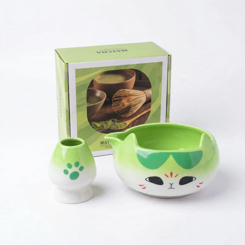 Matcha Bowl Set, Ceramic, Cat Design, Japanese